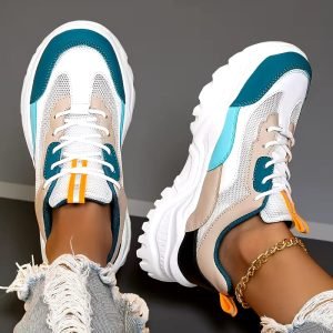Women's Fashion Chunky Sneakers – Casual Lace-Up Low-Top Shoes with Round Toe, Breathable Fabric Inner, Solid Color Polyurethane Sole and Microfiber Insole for All-Season Comfort